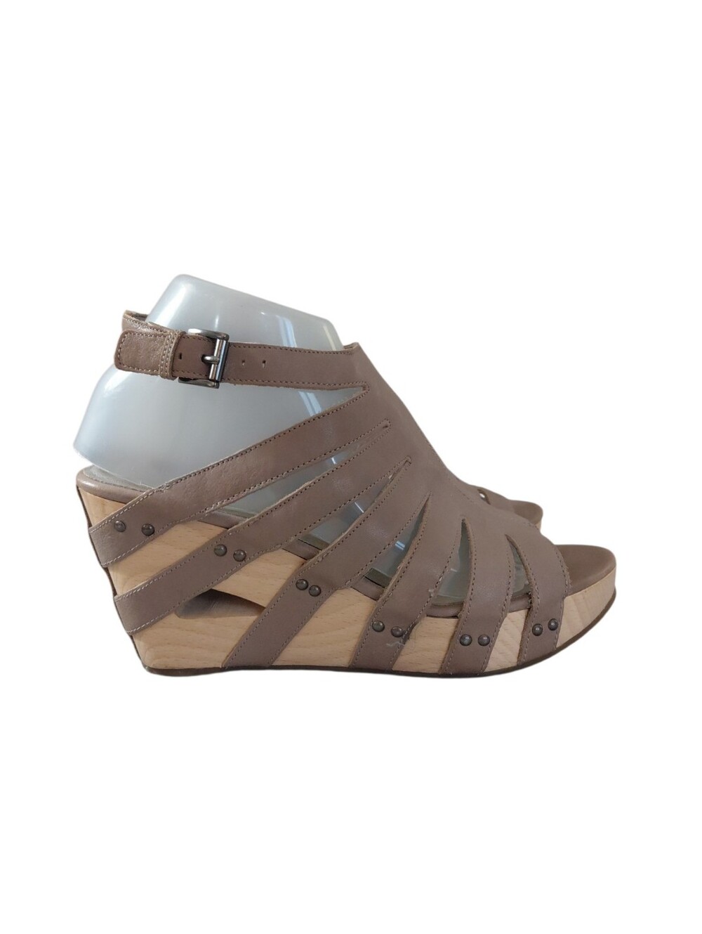 Eileen Fisher Taupe Strappy Cut Out Wood Wedge Sandals Size 8 - Picture 7 of 14